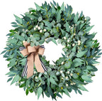 26'' Large Wreaths for Front Door Year Round, Spring Summer Artificial Green Eucalyptus Wreath with Buffalo Burlap Bow, Farmhouse Home Decor for Window Porch Holiday Housewarming