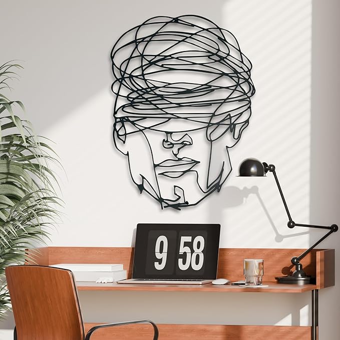 Overthinking Man Metal Wall Decor, Abstract Geometric Face Sculpture, Modern Line Art for Living Room, Office, Bedroom, and Contemporary Home Decor , Unique, Thought-Provoking Artwork for Minimalist Interiors (18 x 14 inches)