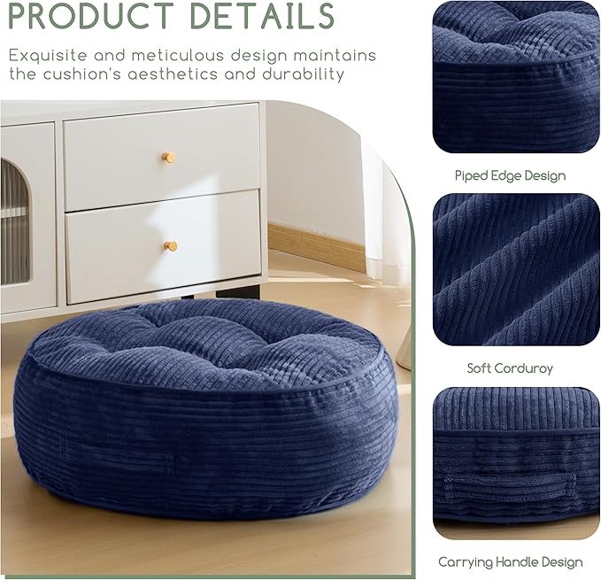 8" Washable Floor Pillow Cushion for Adults, Meditation Cushion Pillow, Large Round Floor Sitting, Removable Tufted Corduroy Cover, for Tatami Living Room or Yoga, 22x22 Inch, 2Pack, Machine Washable