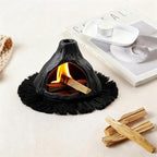 Ceramic Palo Santo Holder Burner,Incense Cone Holder,Mini Chiminea for Palo Santo Sticks and Sage Burner,with Handmade Heat Insulated Mat,Dust Brush,Metal Tweezer. (Black Volcano)
