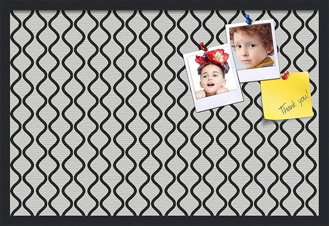 PinPix 30x20 Inch Cork Bulletin Board. This Decorative Framed Pin Board Comes with Black and White Waves Design and a Satin Black Frame. Ideal for Home Office Decor or Message Board (PinPix-194)