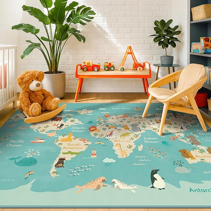 Washable Large Kids Room Rug with Animal – 6x9 Educational World Map Play Mat for Bedroom – Non-Slip, Stain Resistant, Soft & Safe for Baby, Playroom Essentials - Blue Ocean