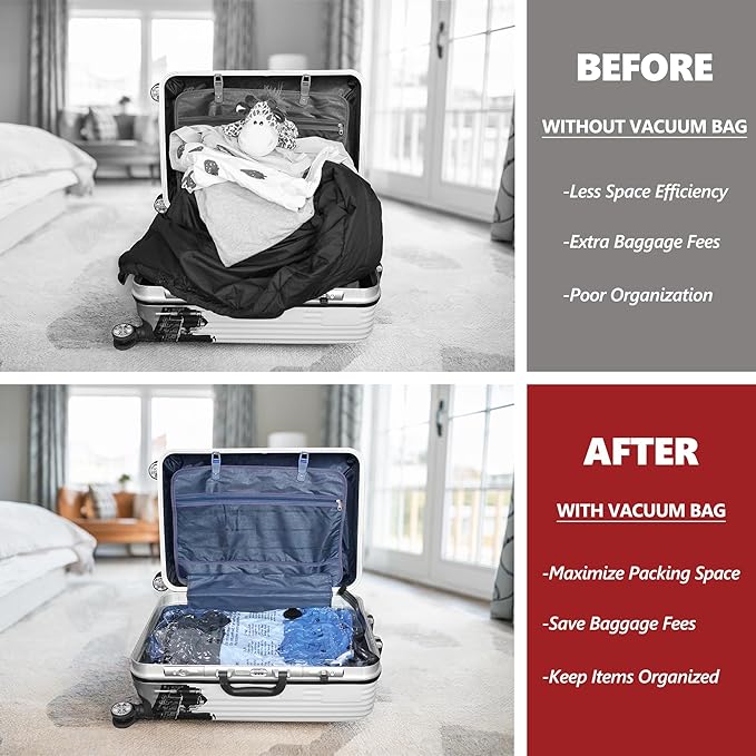 SUOCO Vacuum Storage Bags for Travel with Rechargeable Pump, 8 Small Compression Packing Seal Bags for Luggage Suitcase, Space Saver for Clothing and Clothes Travel