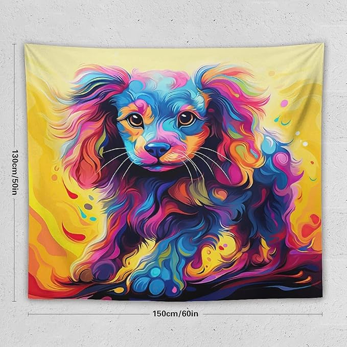 VUMIVI Colorful Cute Dog Tapestry Rainbow-Hued Oil Painting Pet-Themed Abstract Art Print Tapestry Wall Hanging for Living Room Bedroom Dorm Classroom Aesthetic Decor W60xL50in