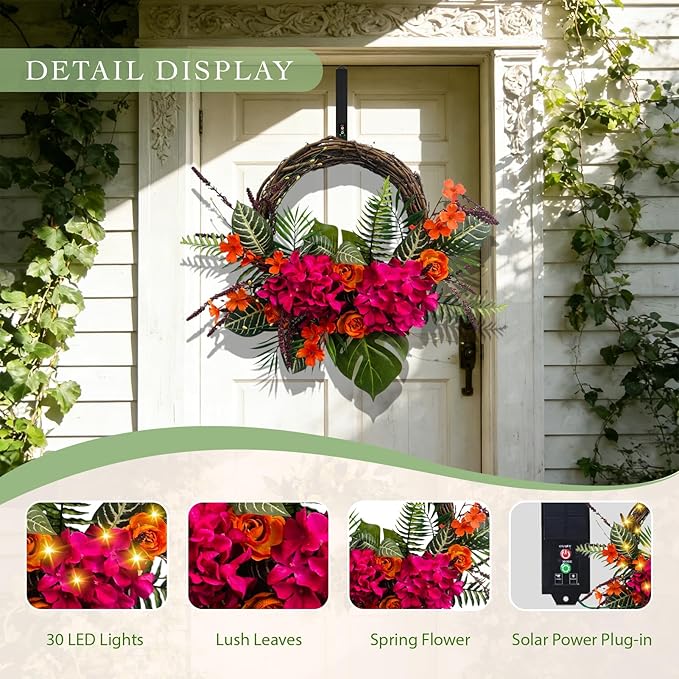 Solar Spring Wreath 24 inchWreath for Front Door Pre-lit 50LED Spring Decorations for Outside Flower Basket Summer Decor Wreath for Wall Festival Holiday Farmhouse Decor(2406)