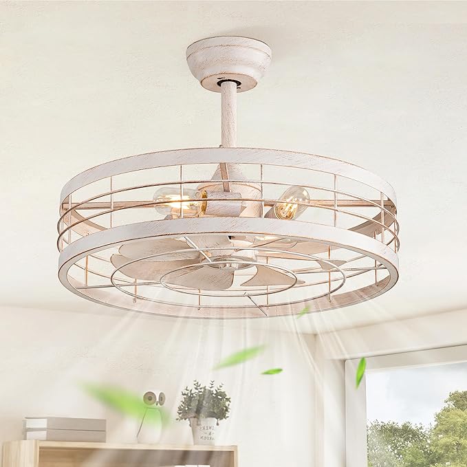 LEDIARY 22 inch Caged Ceiling Fan with Light, Bladeless Industrial Ceiling Fan with Remote, Farmhouse Fan Lights Ceiling Fixtures for Kitchen, Bedroom, Outdoor（6 Speed, Timing）-White and Gold