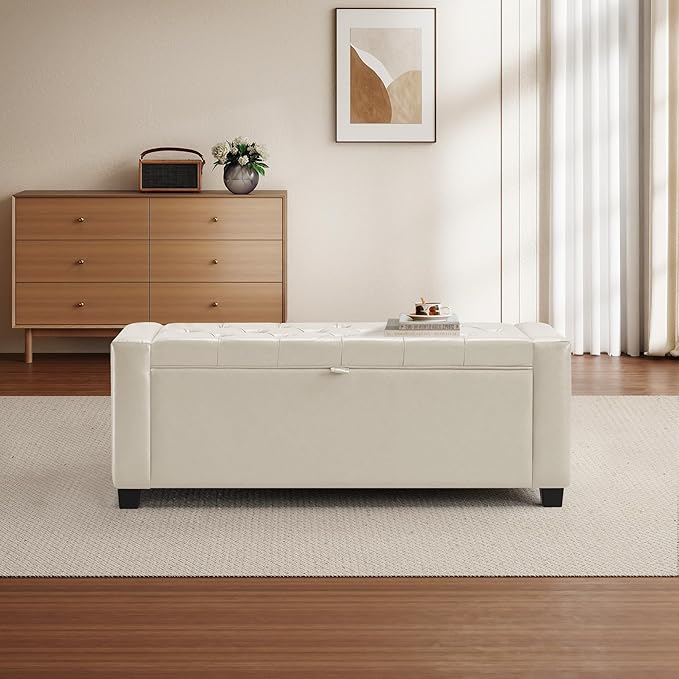 SUNWAVE Storage Ottoman Bench, PU Leather End of Bed Storage Bench with Button Tufted, Safety Hinge Lid, Large Ottoman for Bedroom, Living Room & Entryway