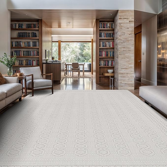 Micro Loop Indoor Rug White 6x9 Boho Geometric Neutral Area Rugs for Living Room Soft Luxury Modern Low and High Pile Durable Stain Resistant Non-Shedding Indoor Area Carpet 6 x 9