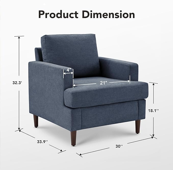 Mid-Century Accent Chair, Comfy Upholstered Reading Accent Chairs for Bedroom, Modern Linen Fabric Armchair for Living Room, Single Sofa Chair with Wood Legs (Blue Grey, 2 Pack)
