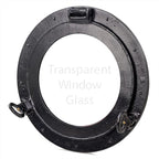 Nagina International Deep Black Round & Circular Porthole Window With Transparent Glass | Vintage Handcrafted Wall Pediments & Sculptures | Maritime Boat Decor | Grooved Secondary Frame Design (17 Inches)