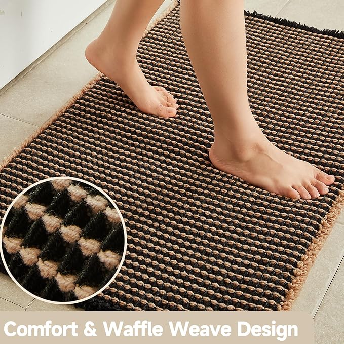 Waffle Runner Rug Bathroom, Long Boho Bathroom Rugs Non Slip Washable Super Absorbent Quick Dry Farmhouse Bath Decor, 72"x24" Khaki and Black