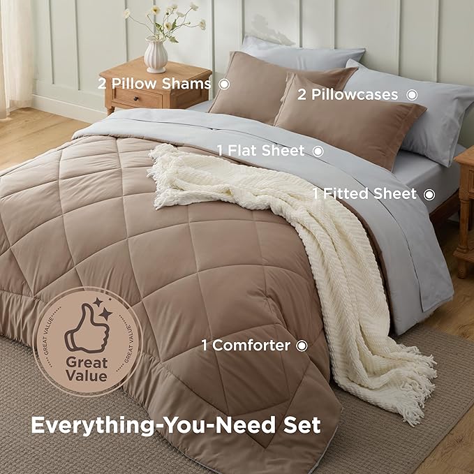 Bedsure King Size Comforter Set - 7 Pieces Reversible Brown Bedding, King Size Bed Set for All Seasons, Bed in a Bag with Down Alternative Comforter, Sheets, Pillowcases & Shams