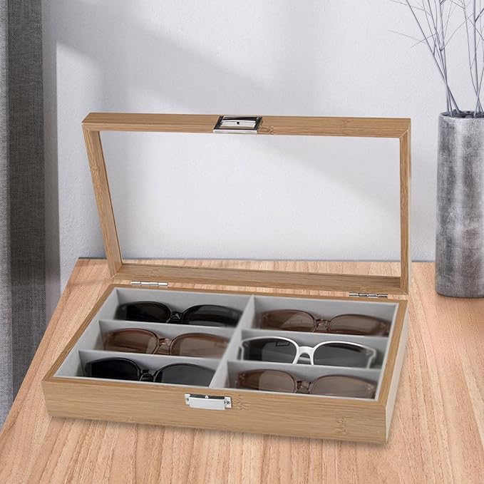 6-Slot Wood Sunglasses Organizer Eyeglasses Jewelry Watch Display Holder Collection Case