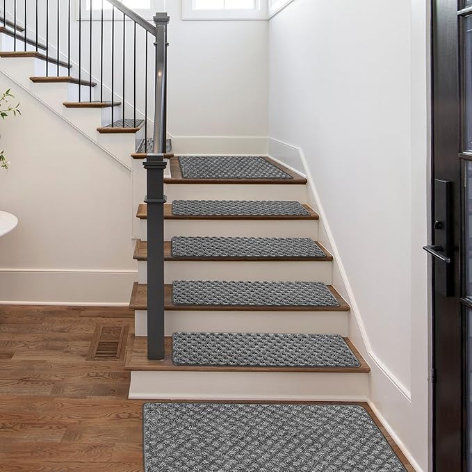 PURE ERA Carpet Stair Treads Tape Free Non Slip Indoor Stair Carpet Stair Protectors Pet-Friendly Non-Slip Skid Resistant Washable Reusable 8" x 30"(2 Pieces,Gray Mini-Diamond Trellis)
