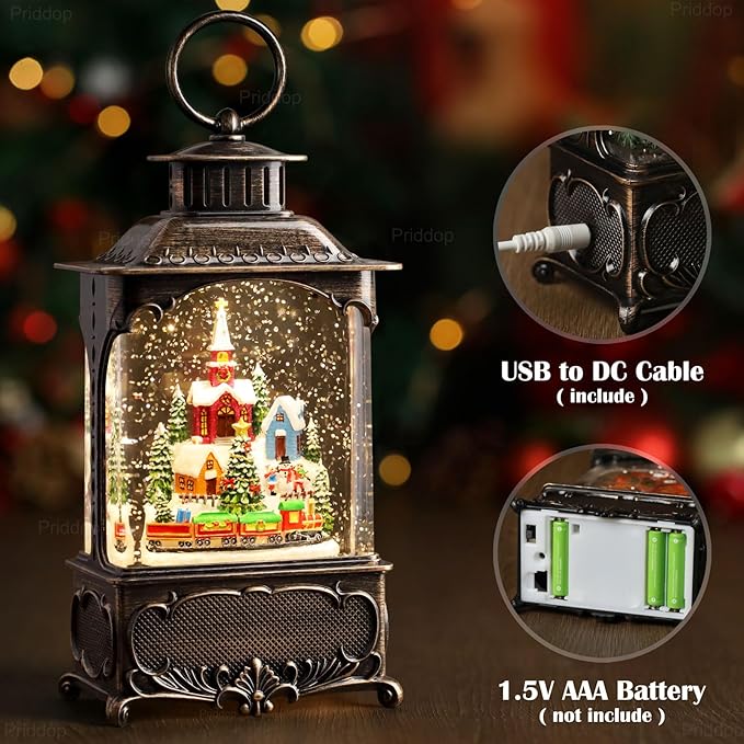 Village Snow Globe Christmas Decorations Gifts Snowman Church Village Scene USB/Battery Timer Music Glitter Snowfall Lantern 10.2 inch