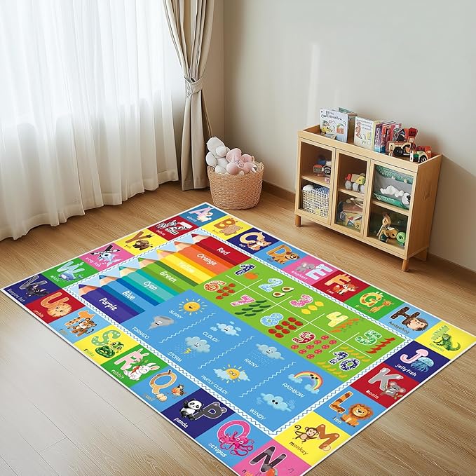 Baby Play Mat, ABC Rug for Kids Playroom, Non Slip Washable Toddler Floor Mat, Alphabet Numbers Colors Weather Learning Classroom Rug for Nursery or Preschool, 5x7 ft