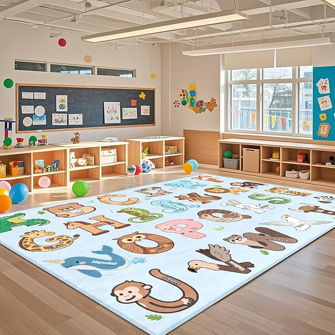 Kids Rugs for Playroom - 6x9 Feet ABC Alphabet Rug for Classroom Preschool Educational Learning Animals, Kids Room Rugs Toddler Nursery Kindergarten Decor, Blue