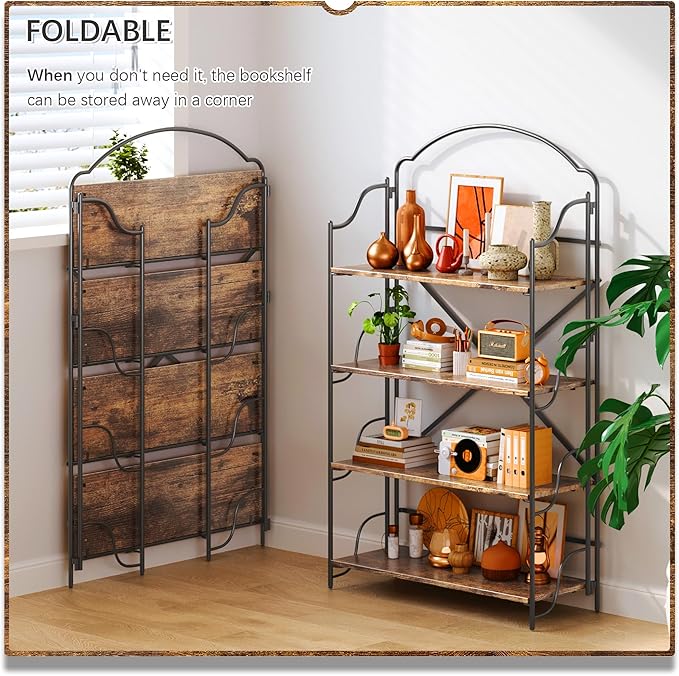 4NM No Assembly Extra Wide Folding Bookshelf for Living Room, 4 Tiers Collapsible Book Shelves Open Industrial Foldable Bookcase Storage Shelf for Home Office - Rustic Brown Black
