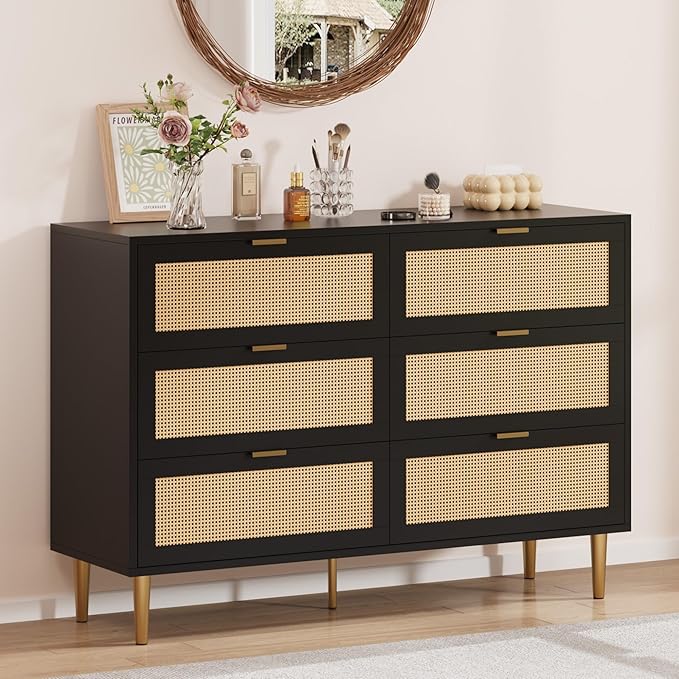 GarveeHome Rattan 6 Drawer Dresser, Modern Chest of Drawers with Gold Legs and Gold Handles, Wide Double Dresser with Large Tabletop and Anti-Tipping Design for Bedroom Living Room, Black