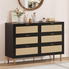 GarveeHome Rattan 6 Drawer Dresser, Modern Chest of Drawers with Gold Legs and Gold Handles, Wide Double Dresser with Large Tabletop and Anti-Tipping Design for Bedroom Living Room, Black