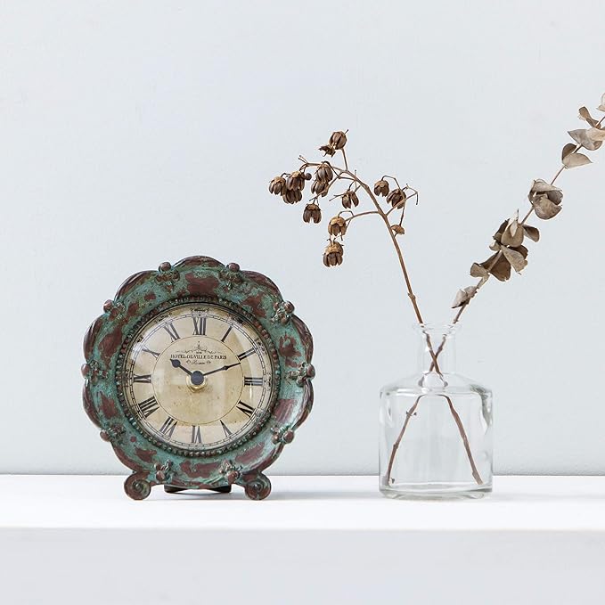 NIKKY HOME Table Top Clock, Vintage French Decorative Pewter Analog Desk Clock Battery Operated for Living Room Decor Shelf, Green