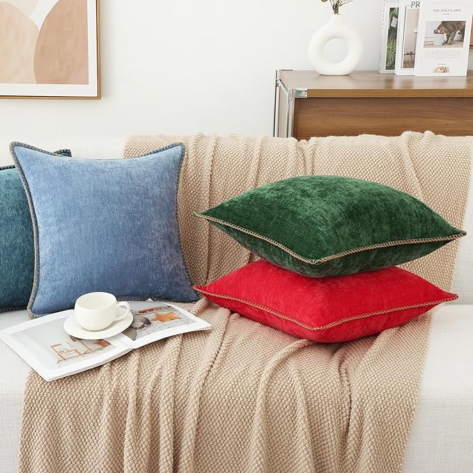 decorUhome Spring Chenille Soft Cozy Throw Pillow Covers 22x22 Set of 2, Modern Farmhouse Boho Velvet Decorative Euro Sham Pillow Cases with Stitched Edge for Couch Sofa Bed Home Decor, Blue