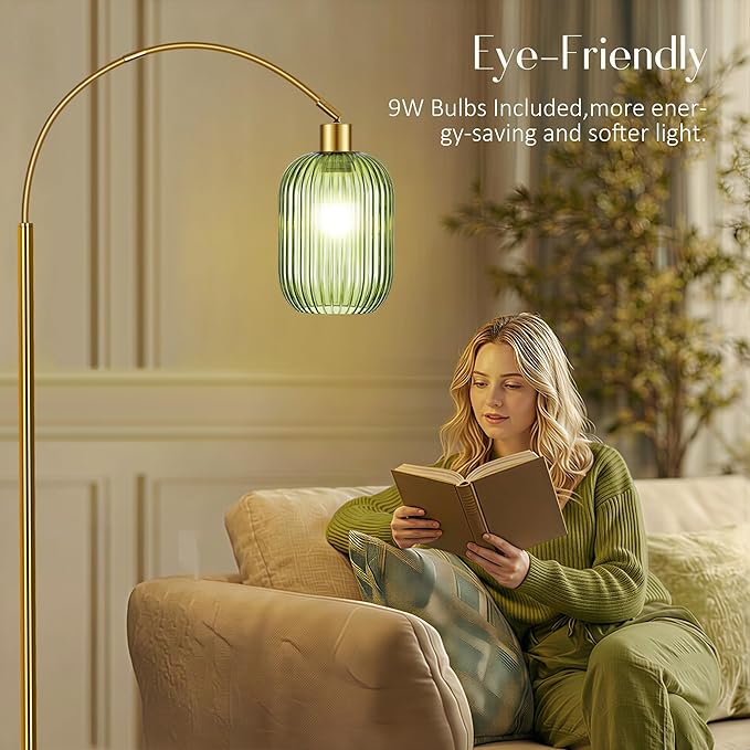 COTTHOS Floor Lamp for Living Room, Modern Gold Lamp with Ribbed Glass Lampshade Marble Base, 68” Glass Tall Lamp with Remote Control and Pedal Switch for Bedroom (6000K LED Bulb Included)