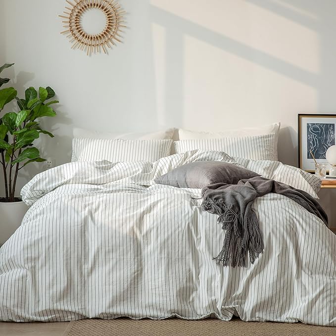 MooMee Striped Duvet Cover Set 100% Washed Cotton Linen Like Textured Breathable Durable Soft Comfy (White Dark Grey Wide Stripes, Super Queen 90"x98")