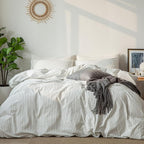 MooMee Striped Duvet Cover Set 100% Washed Cotton Linen Like Textured Breathable Durable Soft Comfy (White Dark Grey Wide Stripes, Oversized Full 82"x86")