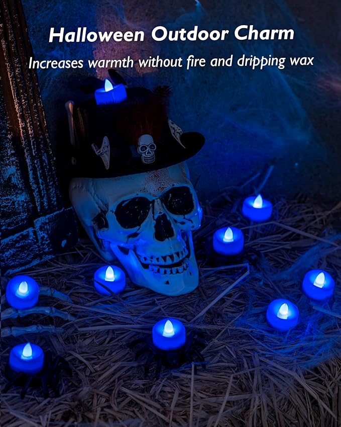 Flameless Candles, 12 Pack Tea Lights Candle Battery Operated, LED Tealight Votives, Realistic Tea Lights for Halloween Christmas Party Decor -D 1.5” x H 1.25” -Blue Light