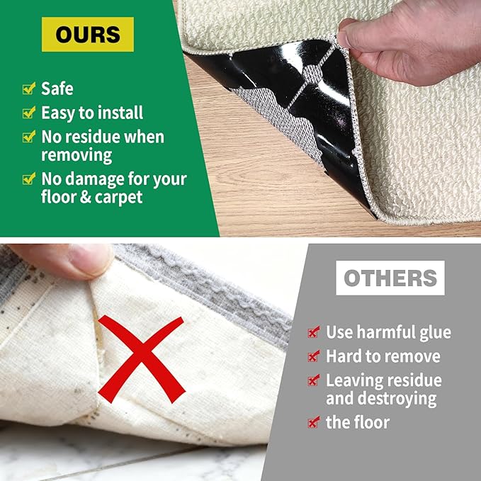 48 PCS Carpet Tape,Non Slip Carpet Pads for Area Rugs on Hardwood Floors,Laminate,Tile,LVP Floors,Reusable and Removable Rug Corner Pads with No Residue