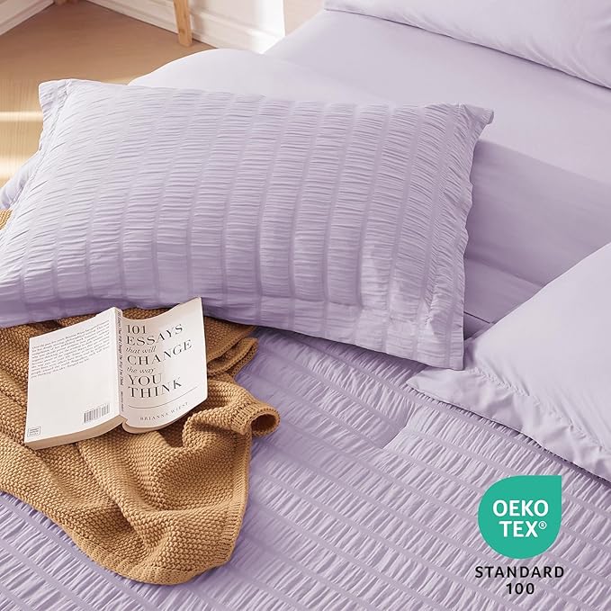 MUXHOMO 7 Pieces Queen Comforter Set, Seersucker Bed in a Bag Queen Size, All Season Luxury Bedding Set with Comforter, Flat Sheet, Fitted Sheet, Pillowcases & Shams, Lavender