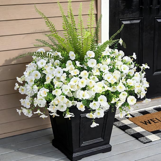 Artificial Flowers for Outdoors Faux Plants Outside Indoor,UV Resistant Silk Fake Petunia Tall Ferns for Home Patio Garden Back Yard Front Poch Decor Spring Summer(13 Bunchs,White)