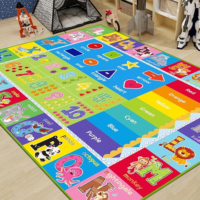 Kids Rugs for Playroom, ABC Carpet Educational Floor Play Mat for Kids, Preschool Rugs with ABC, Numbers, Animals Learning Carpet for Playroom Classroom Bedroom (Green, 59X39.4 INCH)