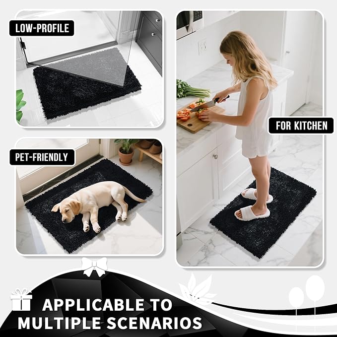 Yimobra Chenille Bathroom Rugs Non Slip, Extra Thick Soft Absorbent Bath Rug, Machine Washable Quick Dry Bath Mat for Bathroom Floor, Tub and Shower, Home Decor Accessories, 24x17, Black