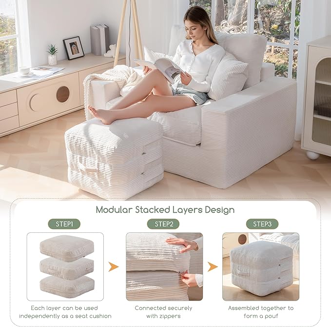 HIGOGOGO Pouf Ottoman Stuffed Square Modern Foam Filled Foot Rest Poufs 20 X 18 Inches Modular Ottomans Separated Into Floor Cushions for Living Room Chair Decorative Stool, Beige