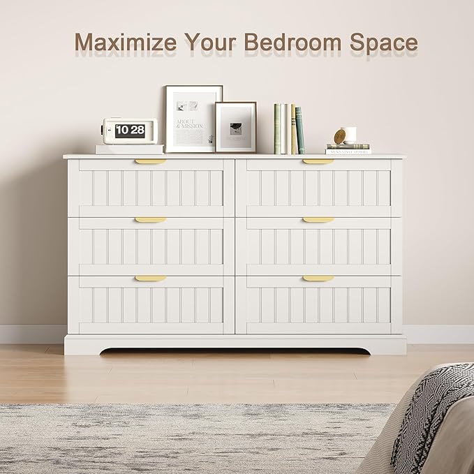 6 Wooden Drawer Dresser for Bedroom Storage, Modern Farmhouse Wood Chest of Drawers with Metal Handles, Wide Storage Cabinet for Closet, Living Room, or Entryway White