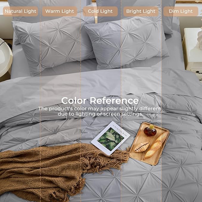 Sasttie California King Comforter Set, 7-Piece Bed in a Bag, Pintuck Bedding Sets for All Season, Includes Comforter, Flat Sheet, Fitted Sheet, Pillowcases and Pillowshams, Light Grey