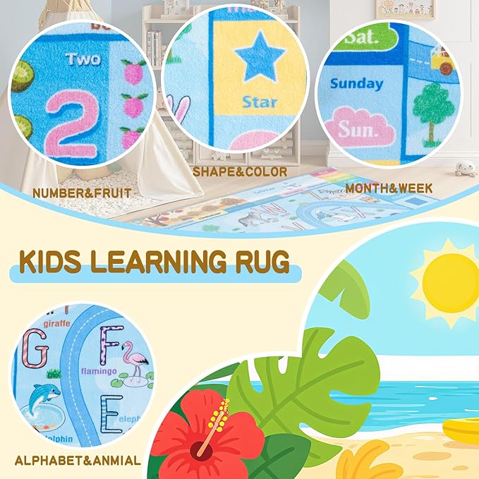 Kids Rugs Playmat for Bedroom Kids Room, Educational ABC Rug for Classroom, Non-Slip Washable Playroom Carpet for Boys Girls, Zoo Road Play Mat, 4x6 Blue