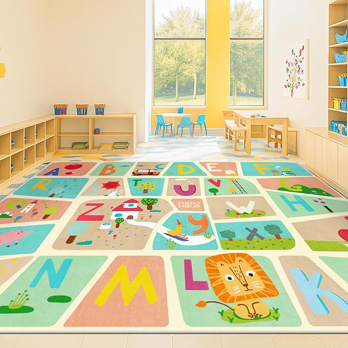 Large ABC Alphabet Classroom Rugs Elementary – 8x10 School Rug for Kids Play, Washable & Wipeable Floor Carpet, Soft & Non Skid Design with Educational Letters and Whimsical Cartoon Art Decor