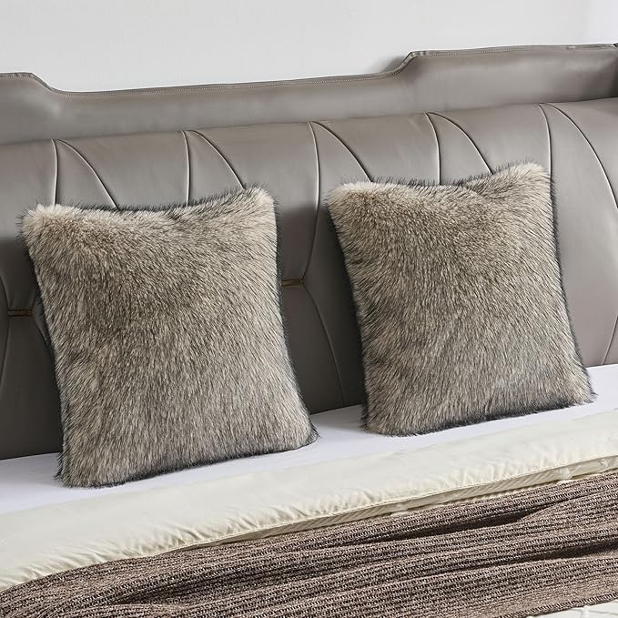 FUTEI Apricot Decorative Throw Pillow Covers 18x18 Inch Set of 2,Soft Faux Raccoon Fur Textured Cushion Case,Modern Home Luxurious Decor for Couch Bed Living Room