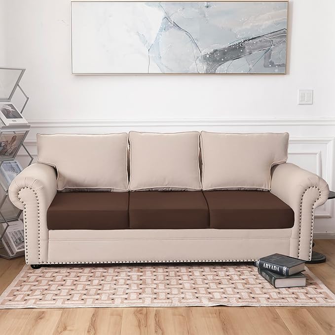 100% Waterproof Couch Cushion Covers, Replacement Sofa Cushion Covers, Stretch Individual Sofa Seat Cushion Slipcovers Furniture Protector for Kids Pets (3-Piece Sofa Cushion Cover, Chocolate)