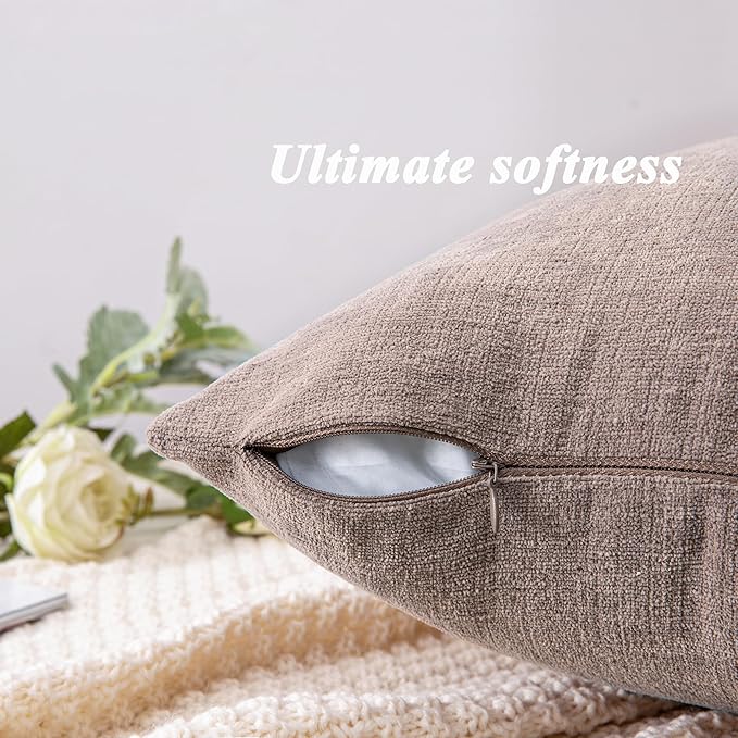 GAWAMAY Decorative Chenille Throw Pillow Covers 26x26 Inch Pack of 2, Soft Square Couch Pillow Cover for Sofa Cushion Living Room Bedroom Oversized Pillowcases Taupe Grey 66x66cm (ONLY Covers)