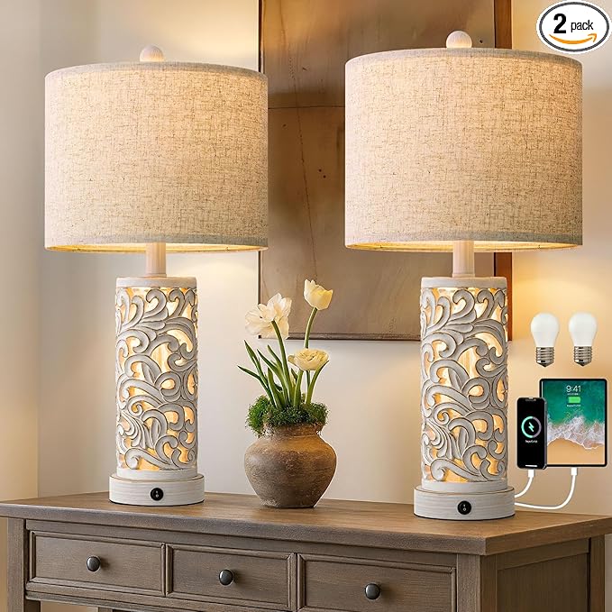 OYEARS 22'' Table Lamp Set of 2 for Living Room,Farmhouse Lamp for for Bedroom,Vintage Retro Bedside Lamps with USB Ports Linen Shade for Home Office (Wash White, Bulb Included)