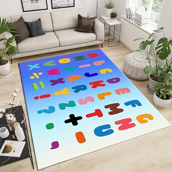 Kids Area Rug English Characters ABC and Math Symbols Learning Carpets, Cute Cartoon Colored Washable Foldable Door Mat in Predominantly Blue Colors Ideal for Living Dining Room Bedside, 6x8ft