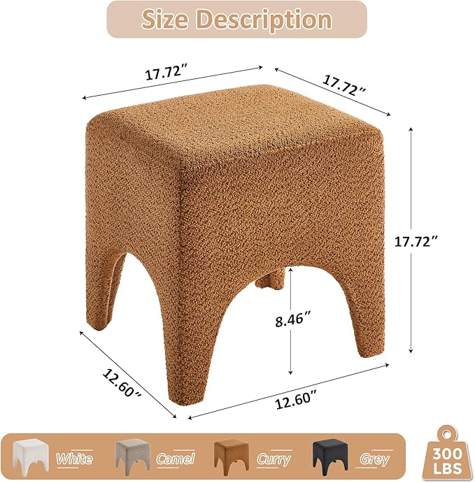 17" Boucle Modern Square Foot Stool Ottoman, Vanity Stool for Makeup, Rectangle Foot Rest for Couch, Upholstered Ottoman Stool for Living Room, Bedroom, Entryway (2, Curry)