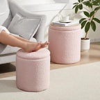 Royal Windsor Boucle Round Ottoman with Storage Set of 2,Small Foot Stool Ottoman for Living Room, Small Coffee Table,Vanity Stool with Storage for Bedroom, Pink