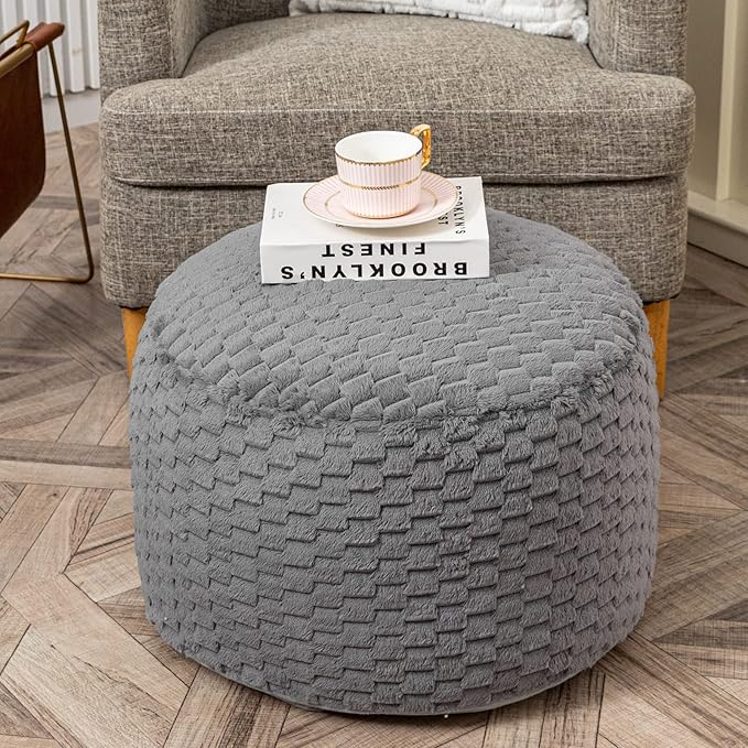 Fur Ottoman Stool Unstuffed Footstool Cover Pouf Foot Rest 20x20x12 Inches Round Poof Seat Floor Bean Bag Chair Foldable Storage for Living Room Bedroom Solid Grey
