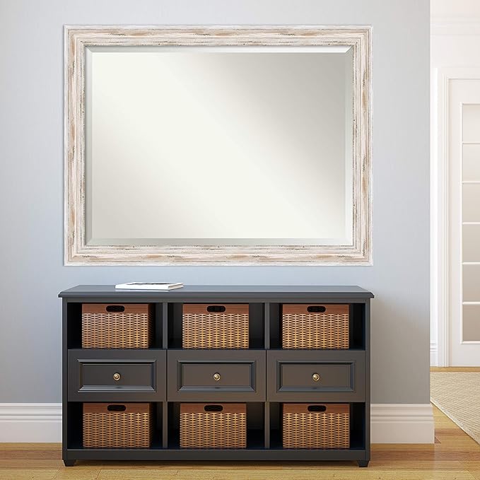 Amanti Art White Wall Mirror 35x45 Alexandria White Wash Rectangle Bathroom Mirror for Wall Decor Living Room, X-Large Cottage Wood Frame, Hangs Horizonally and Vertically, Bathroom Decor, Beveled