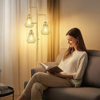 QiMH Industrial Floor Lamps for Living Room, Tree Standing Lamp with Stepless Dimmable, 68" Modern Tall Lamps for Bedroom Study Home Office, Rotary Switch, 3 LED Bulb Included, Gold